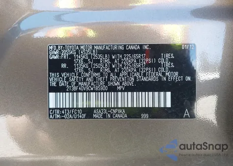 2012 Toyota Rav4 z USA, uszkodzony, nr VIN 2T3BF4DV9CW185900